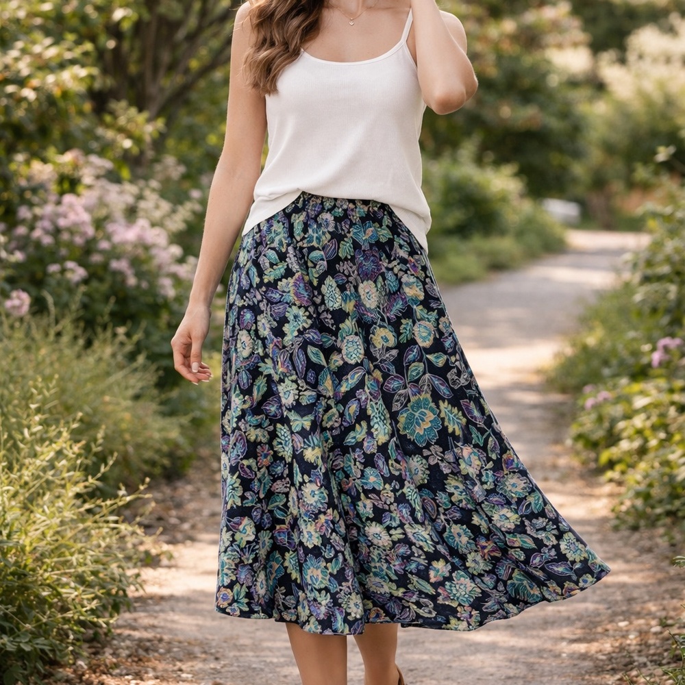 Dark Floral Rayon Midi Skirt |Flowy A-Line Norton McNaughton (Y2K Cottagecore)